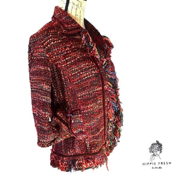 Yak Magik Red & Orange Textured Silk Blend Tweed Fringe Women’s Blazer S - Picture 4 of 8